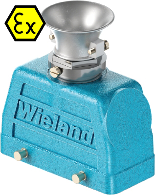 Крышка разъема Ex 70.354.2436.3 - Крышка разъема на кабель, типоразмер 24B, взрывозащищита, без уплотнителя, 1 кабельный ввод M32x1,5, с разгрузкой на изгиб, IP54, с верхним расположением, без защелок (упоры для двух защелок), материал корпуса: цинковый с