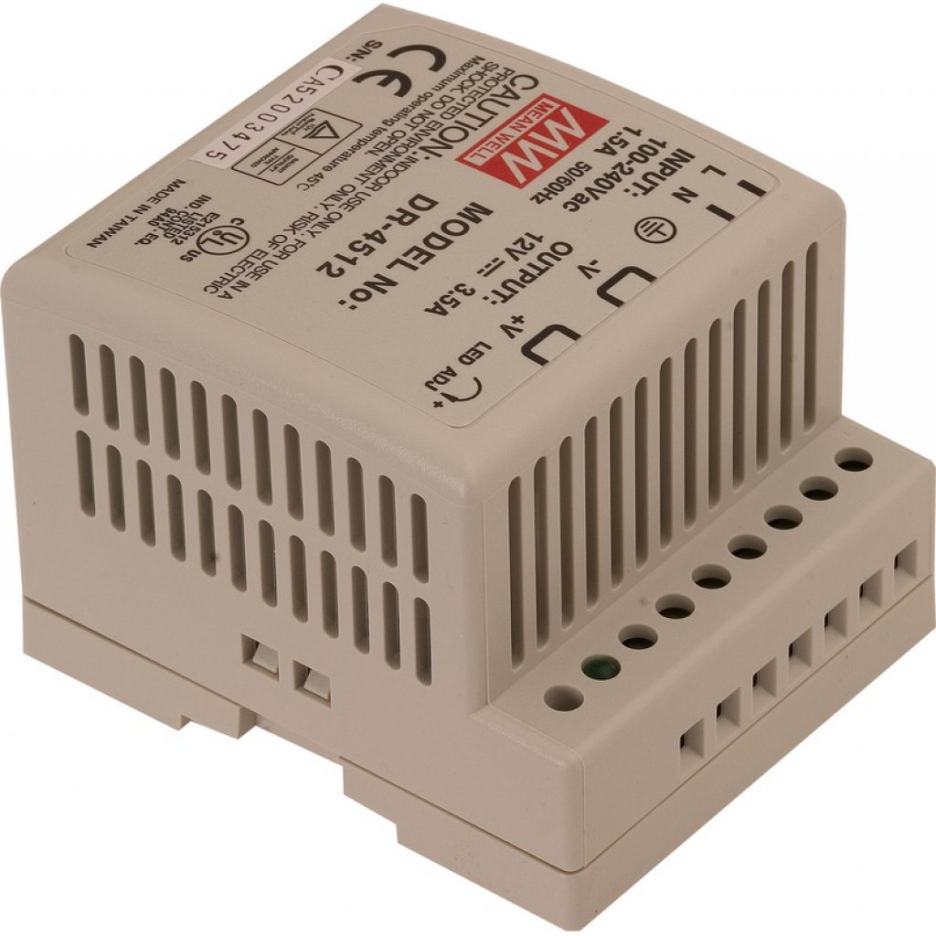 DR-4512 - Преобразователь AC-DC на DIN-рейку  45Вт, выход 12В/3.5A, рег. вых=±10%Uном, вход 85…264V AC, 47…63Гц /120…370В DC, изоляция 3000В AC, в кожухе  78х93х56мм, -10…+50°С