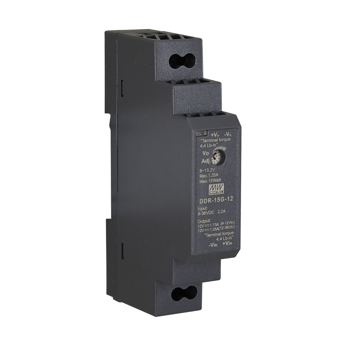 DDR-15L-12 - DC-DC, 15Вт, вход 18…75 В DC, выход 12В/1.25А, изоляция 4000В DC, в кожухе на DIN-рейку, 17.5х90х54.5мм, -40...+85°С