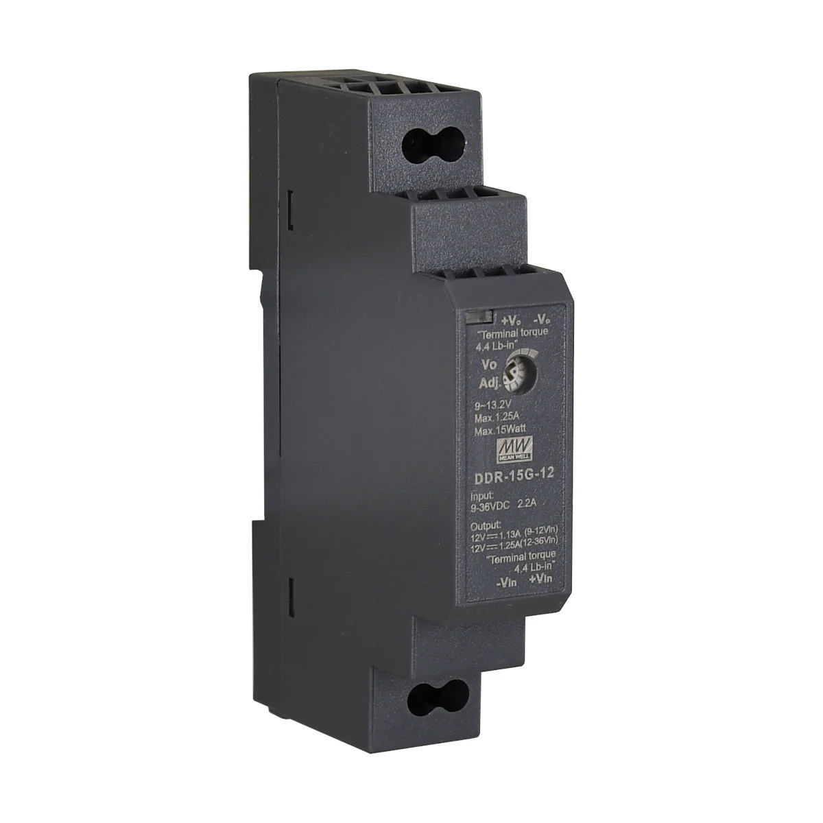 DDR-15L-12 - DC-DC, 15Вт, вход 18…75 В DC, выход 12В/1.25А, изоляция 4000В DC, в кожухе на DIN-рейку, 17.5х90х54.5мм, -40...+85°С
