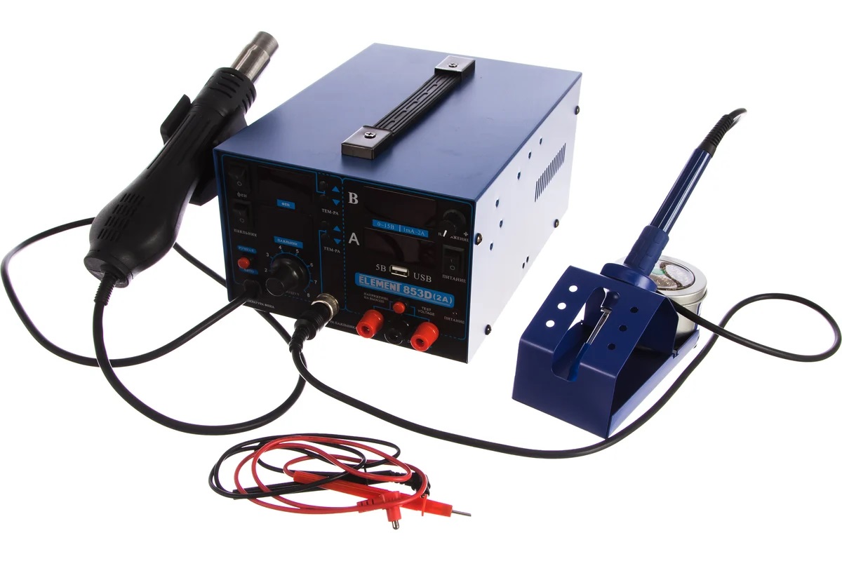 ELEMENT 853D - Паяльная станция 750Вт, фен 100-480°С, паяльник 200°-480°С, встроенный блок питания 0-15v/2А