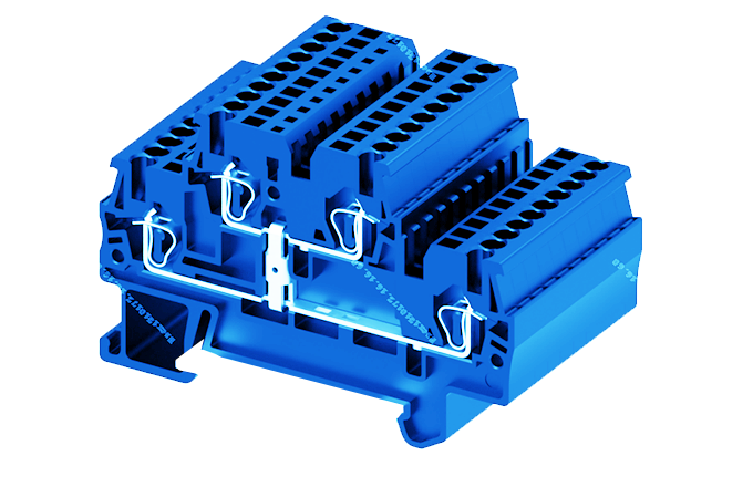 Этажная клемма TCD2.5-2-BU-PV - Этажная клемма, межэтажное соединение, тип фиксации провода: пружинный, номинальное сечение: 2,5 мм кв., 22A, 500V, ширина: 5,2 мм, цвет: синий, тип монтажа: DIN