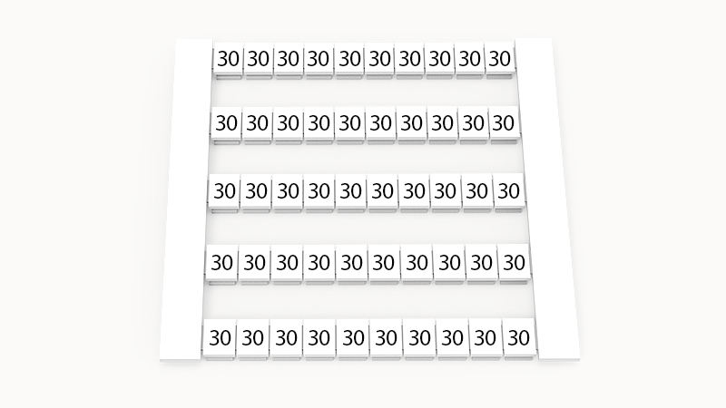 Марк. кассета DEK5-50P-19-127Z(H) - Маркировочные шильдики для клемм WS…, сечением 2,5 мм кв., боковая, 50 шильдиков, нанесенные символы: 30, по 5 полосок,с вертикальным расположением, размер шильдика: 4,8х5,5 мм, цвет белый