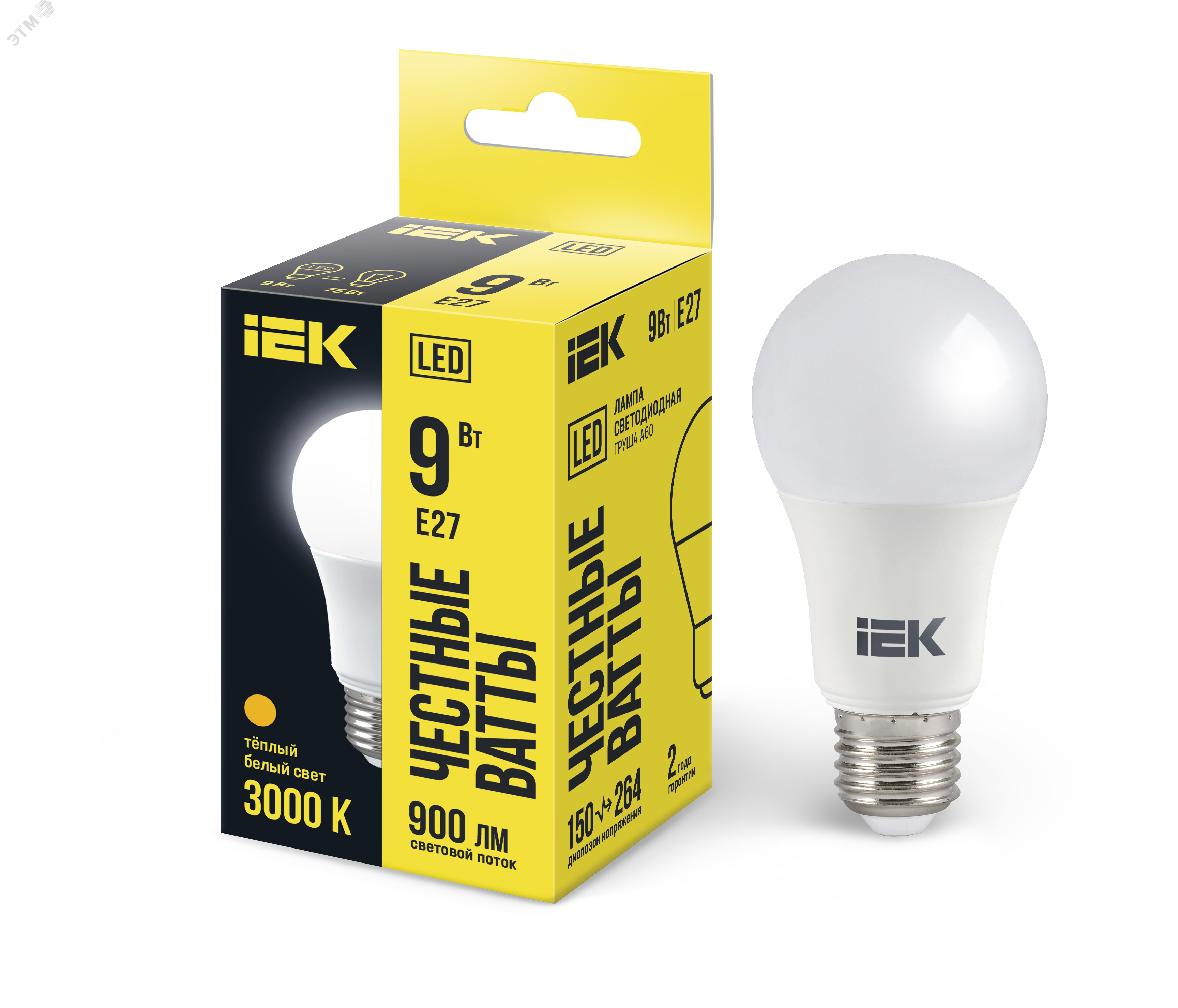 Лампа светодиодная Eco A60 9Вт грушевидная 3000К тепл. бел. E27 810лм 230-240В LLE-A60-9-230-30-E27