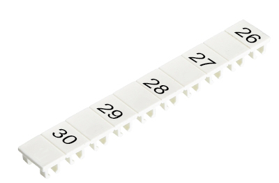 Шильдик M1.517.0400.3 - Маркировка для клемм сечением 4 мм.кв., шириной 6 мм, 10 шильдиков, белая, нанесенные знаки: 26, пробел,27, ,28, ,29, ,30,