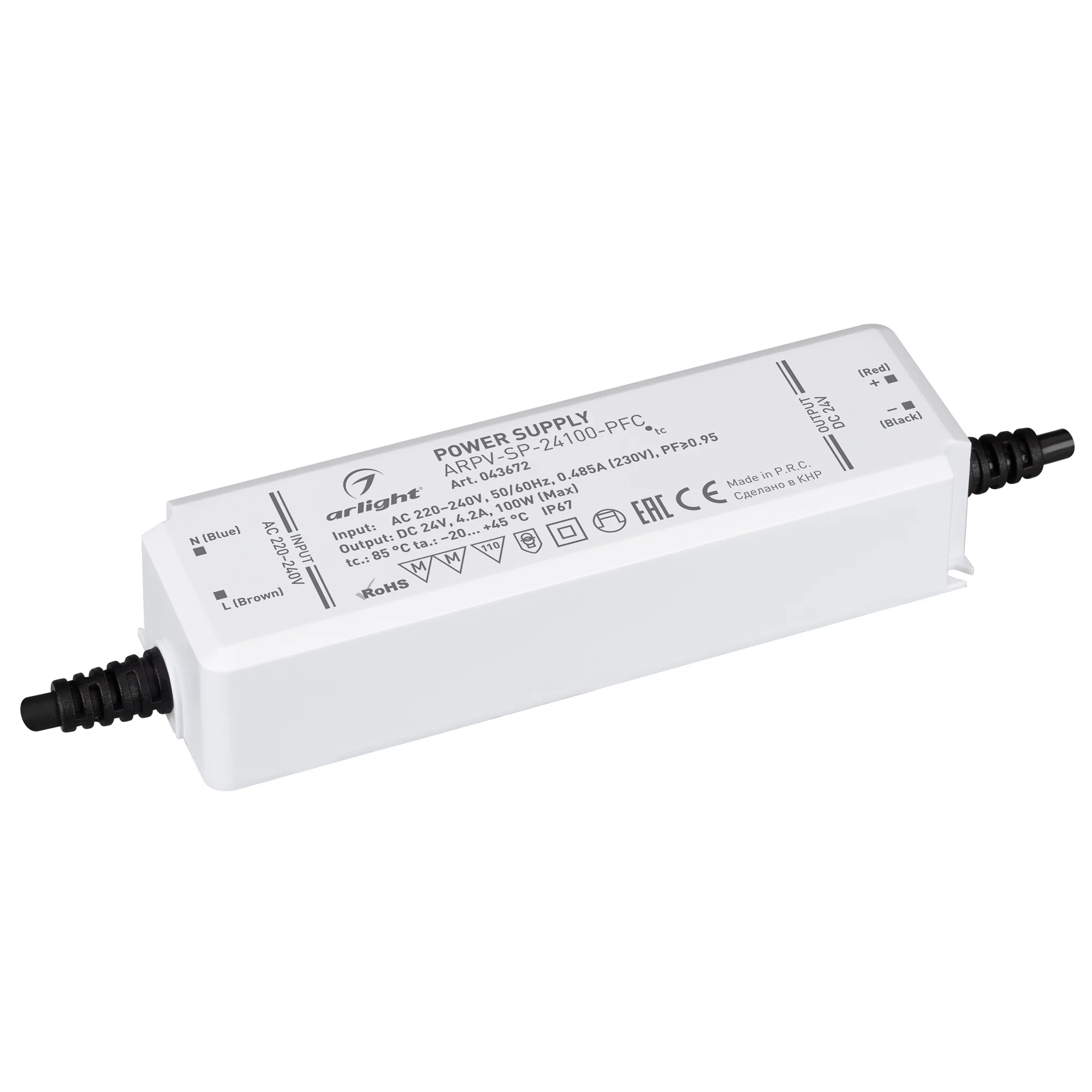 Блок питания ARPV-SP-24100-PFC (24V, 4.2A, 100W) 043672 - Источник напряжения с гальванической развязкой для светодиодных изделий. Входное напряжение 220-240 VAC. Выходные параметры: 24 В, 4,2 А, 100Вт. Встроенный PFC >0.95. Герметичный пластиковый корпус