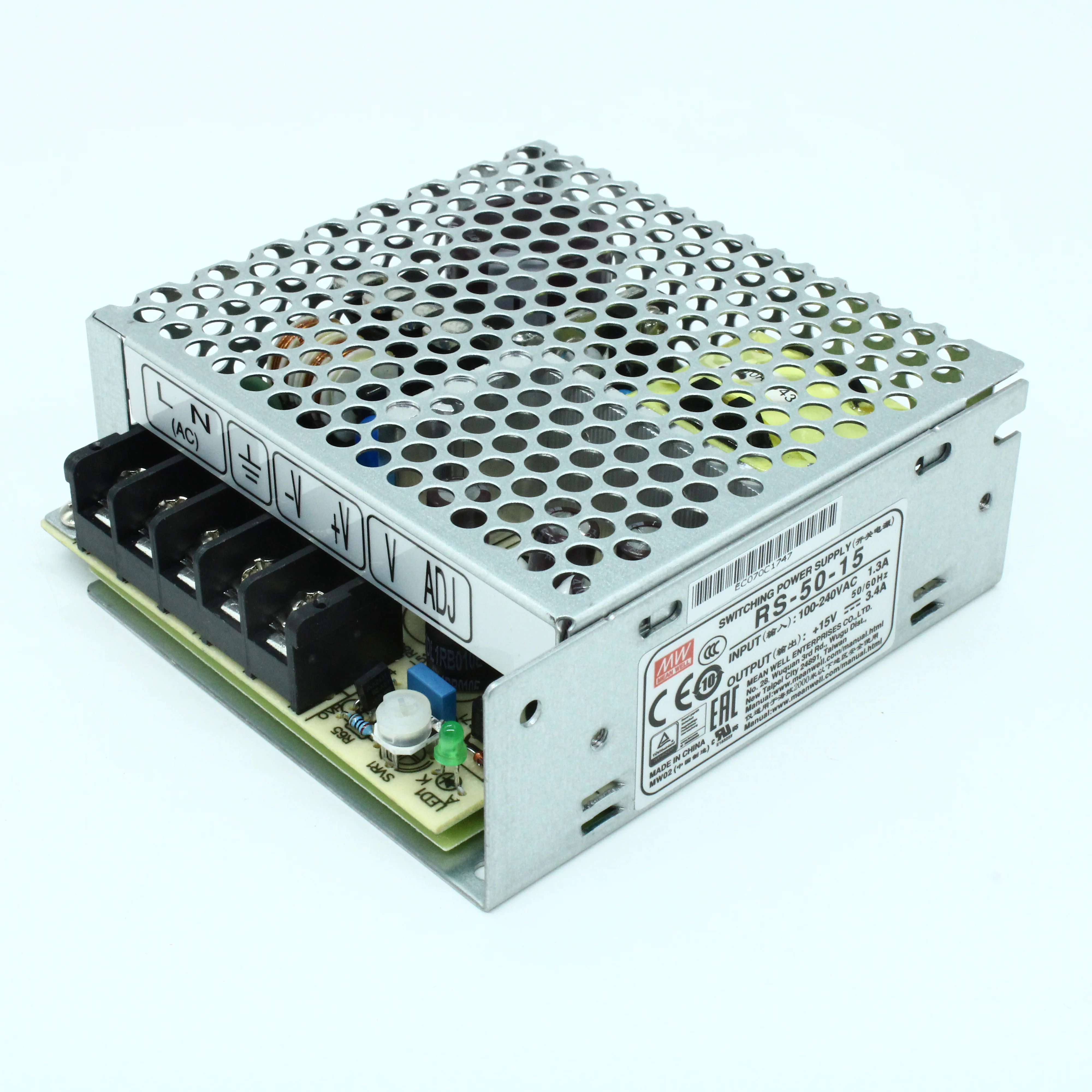 RS-50-15 - AC-DC, 50Вт, выход 15В/3.4A, рег. вых 13.5…16.5 В , вход 88…264В AC, 47…63Гц / 125…373 В DC,  изоляция 3000В AC, в кожухе 99х97х35мм, -20…+70°С