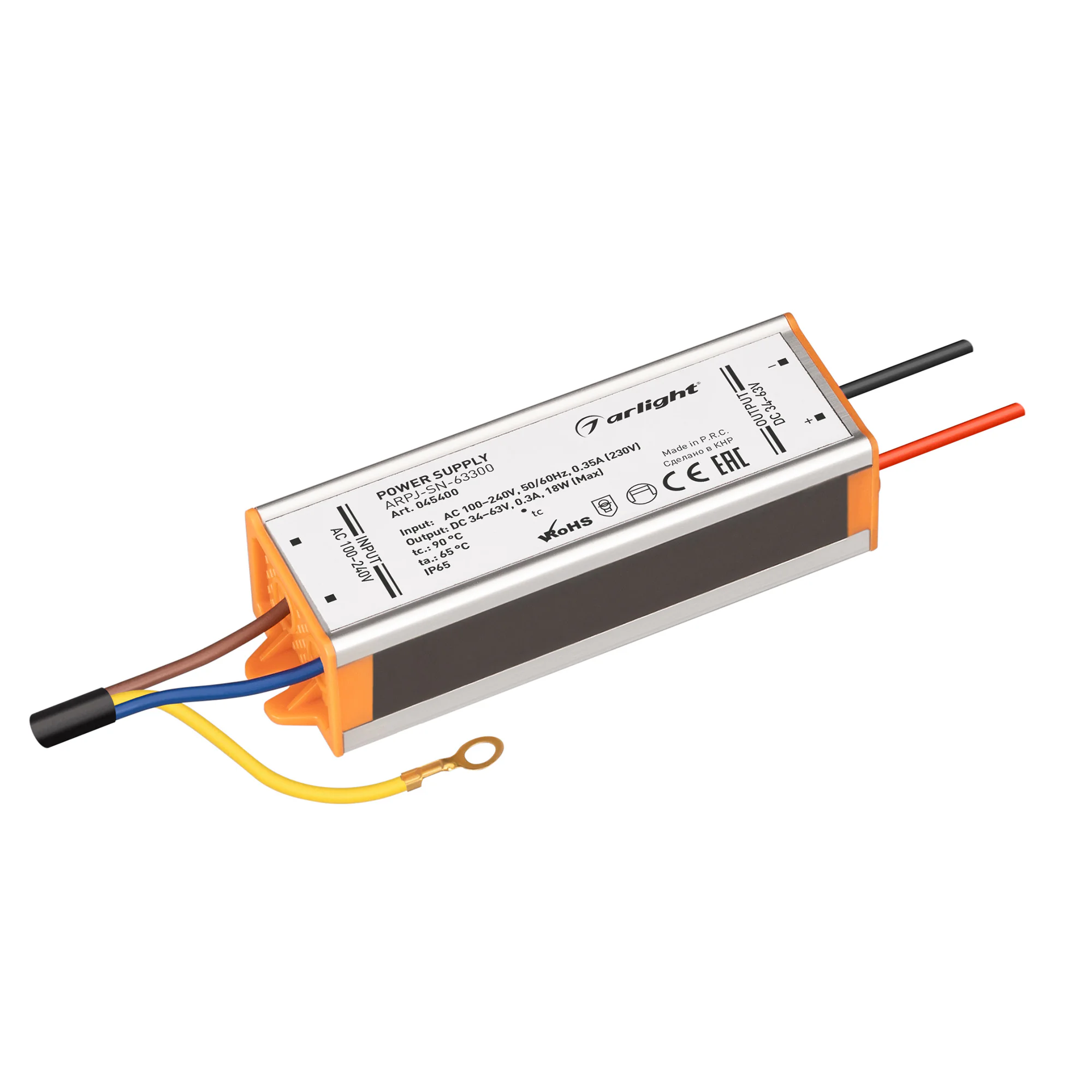 Блок питания ARPJ-SN-63300 (18W, 34-63V, 300mA) 045400 - Источник тока с гальванической развязкой для уличных светильников и мощных светодиодов. Входное напряжение 100-240 VAC. Выходные параметры: 34-63 В, 300 mА, 18 Вт. PF >0.5. Герметичный металлический