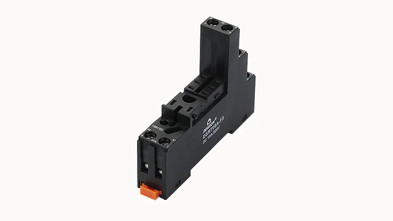 Колодка для реле DSRT08A-F3 - Колодка для реле DRPT-2C, 10A, 300V, фиксация провода: зажимная клетка, с защитой от прикосновения, с разъемом для модуля DMD, пластик, цвет: черный, монтаж на DIN рейку