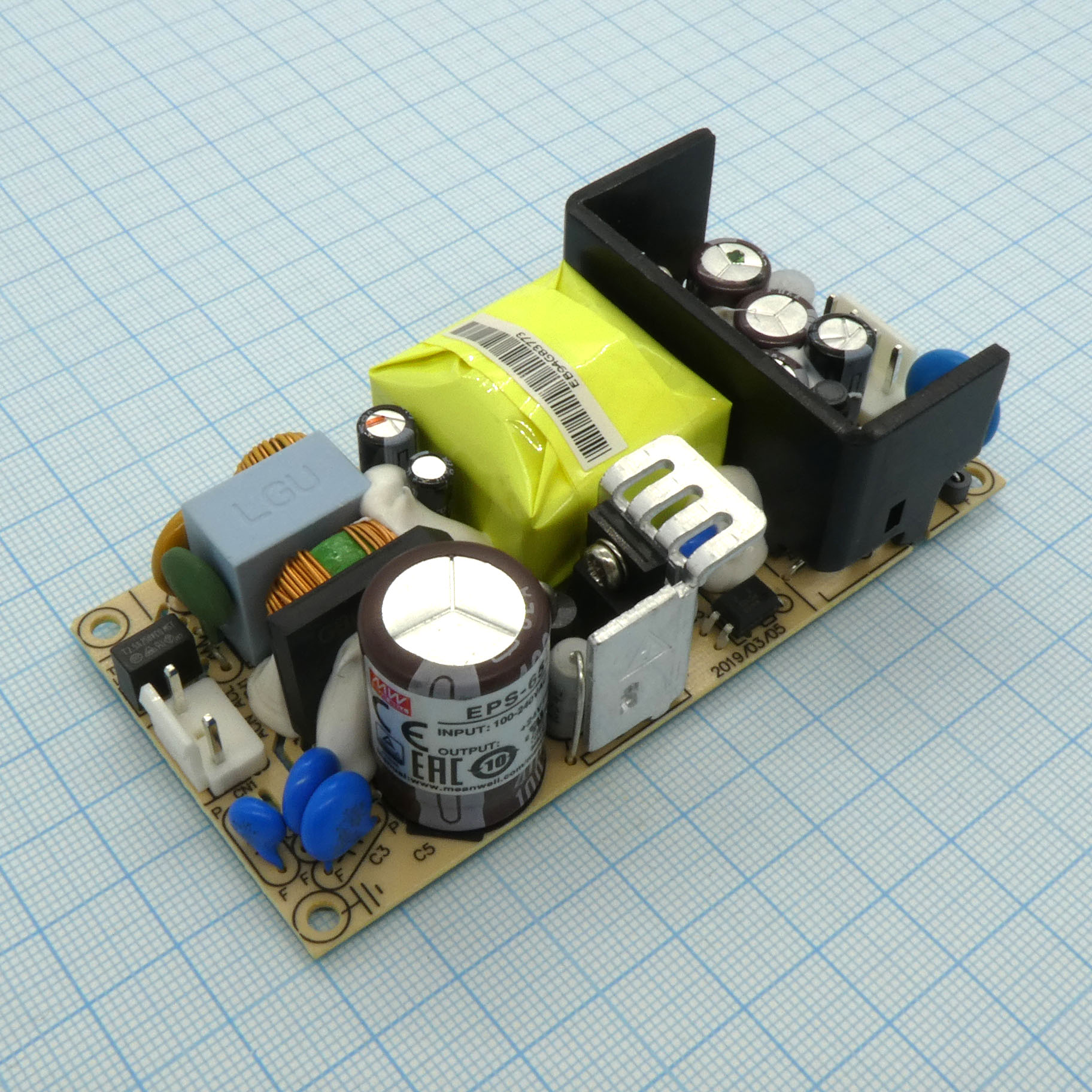 EPS-65-24 - AC-DC, 65Вт, вход 85…264V AC, 47…63Гц /120…370В DC, выход 24В/2.71A, рег. вых 21.6…27В, изоляция 3000В AC, открытая плата 101.6х50.8х29мм, -30…+70°С