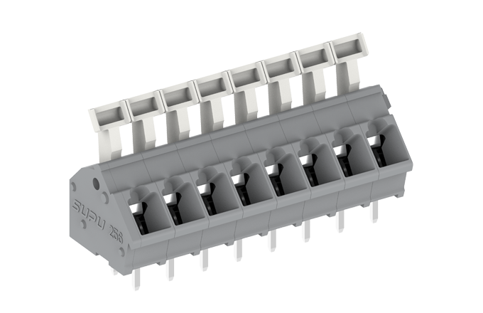 Клемма на плату 256307 - Клемма, подвод кабеля 45 град., на плату, шаг: 5.0 мм, 7 полюсов, фиксация провода push-in, исполнение: два вывода на контакт, рычажный зажим, 320V, 24A, цвет: серый