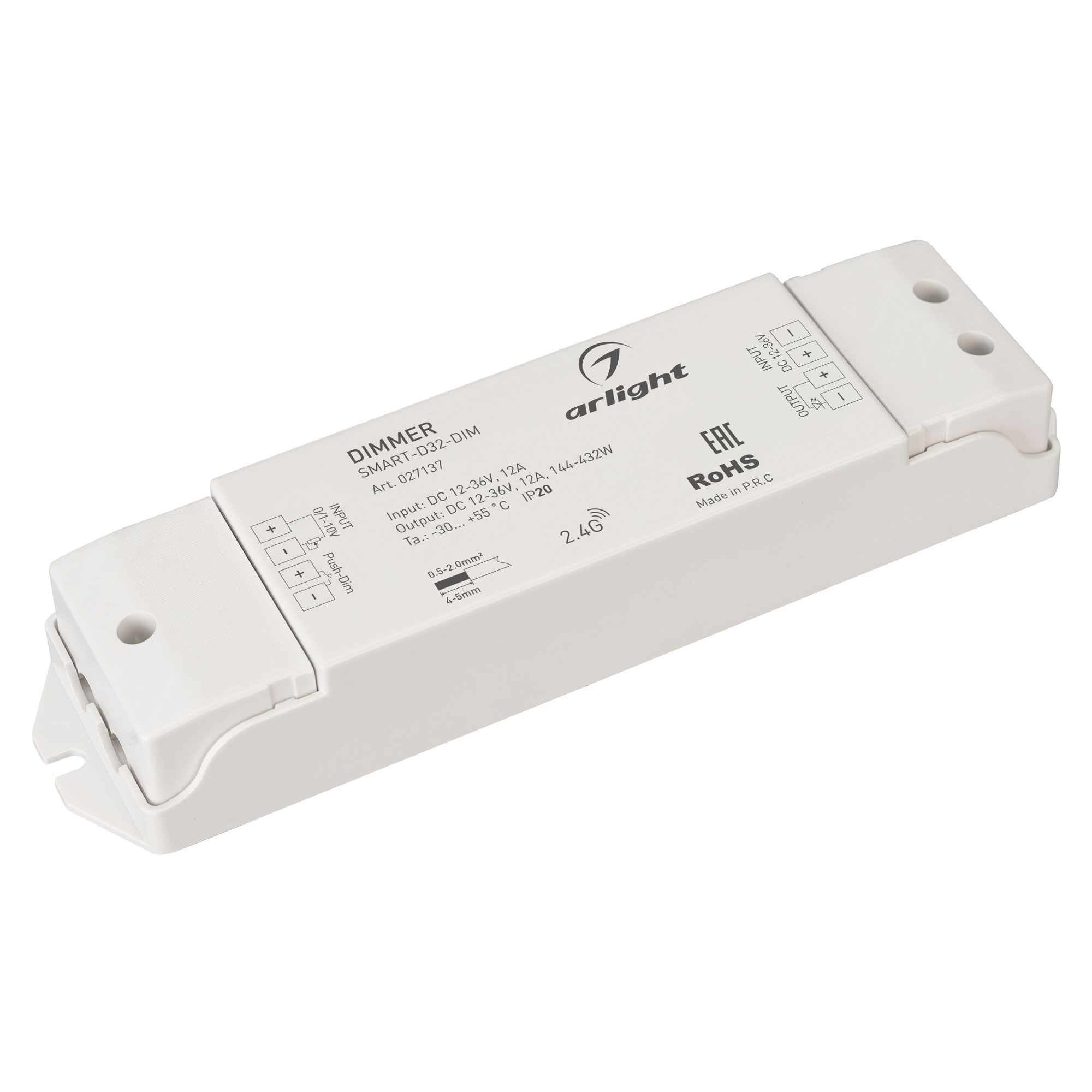 Диммер SMART-D32-DIM (12-36V, 12A, 0/1-10V) 027137 - Диммер для одноцветных источников света (0/1-10V). Питание/рабочее напряжение 12-36VDC, входной/выходной ток 12А, выходная мощность 144-432W. Корпус - PVC. Габариты 175х45х27 мм. Управляется 0/1-10V пан