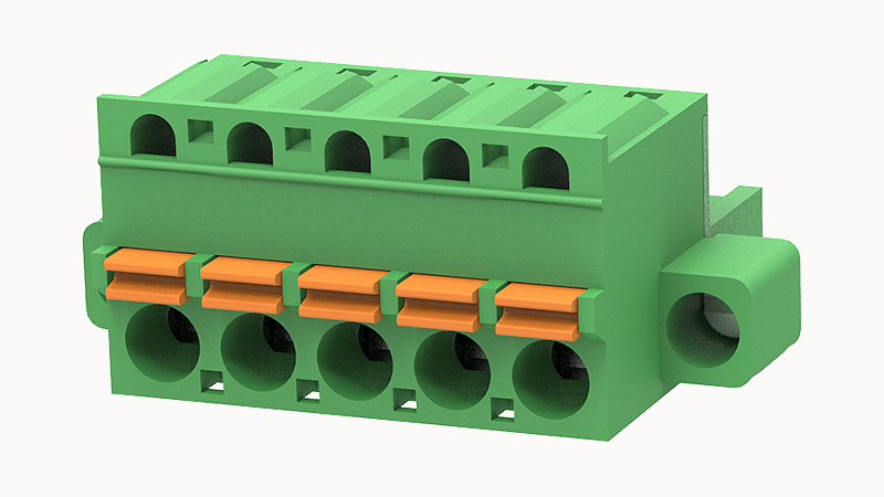PCB розетка 2EDGKDM-5.08-05P-14 - Розеточный разъем, PCB, на кабель, прямой, с монтажными фланцами, шаг 5,08 мм, 5 полюса, сечение проводников: 0.2 - 2.5 мм кв., Push-in фиксация провода, 320V, 20А, цвет: зеленый, серия 2EDGKDM