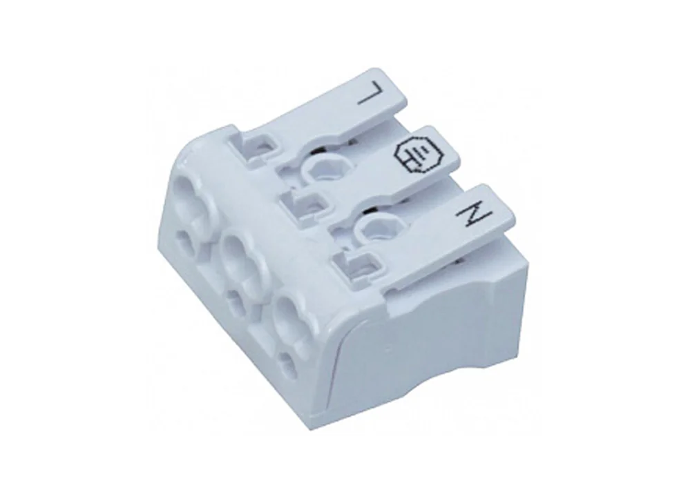 Клемма CM-863/OJ-863 - Клемма QJ-863 3P-T с ножкой.Нажимная клеммная колодка, 3 полюса, пружинная фиксация провода, якорный монтаж на поверхность, сечение провода: 0.75 - 2.5 мм кв., номинальные характеристики: 450 V; 24 A; цвет белый