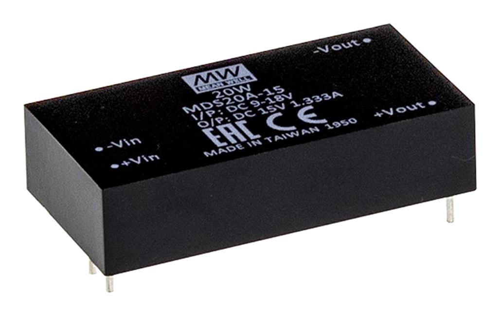 MDS20A-15 - Преобразователь DC/DC, медицинского применения, 20Вт, вход 9…18В, вых. 15В/1.333A, КПД 88%, максимальная емкостная нагрузка не более 800мкФ, изоляция 4000В AC, 2xMOPP, 2x1", -40…+90°С