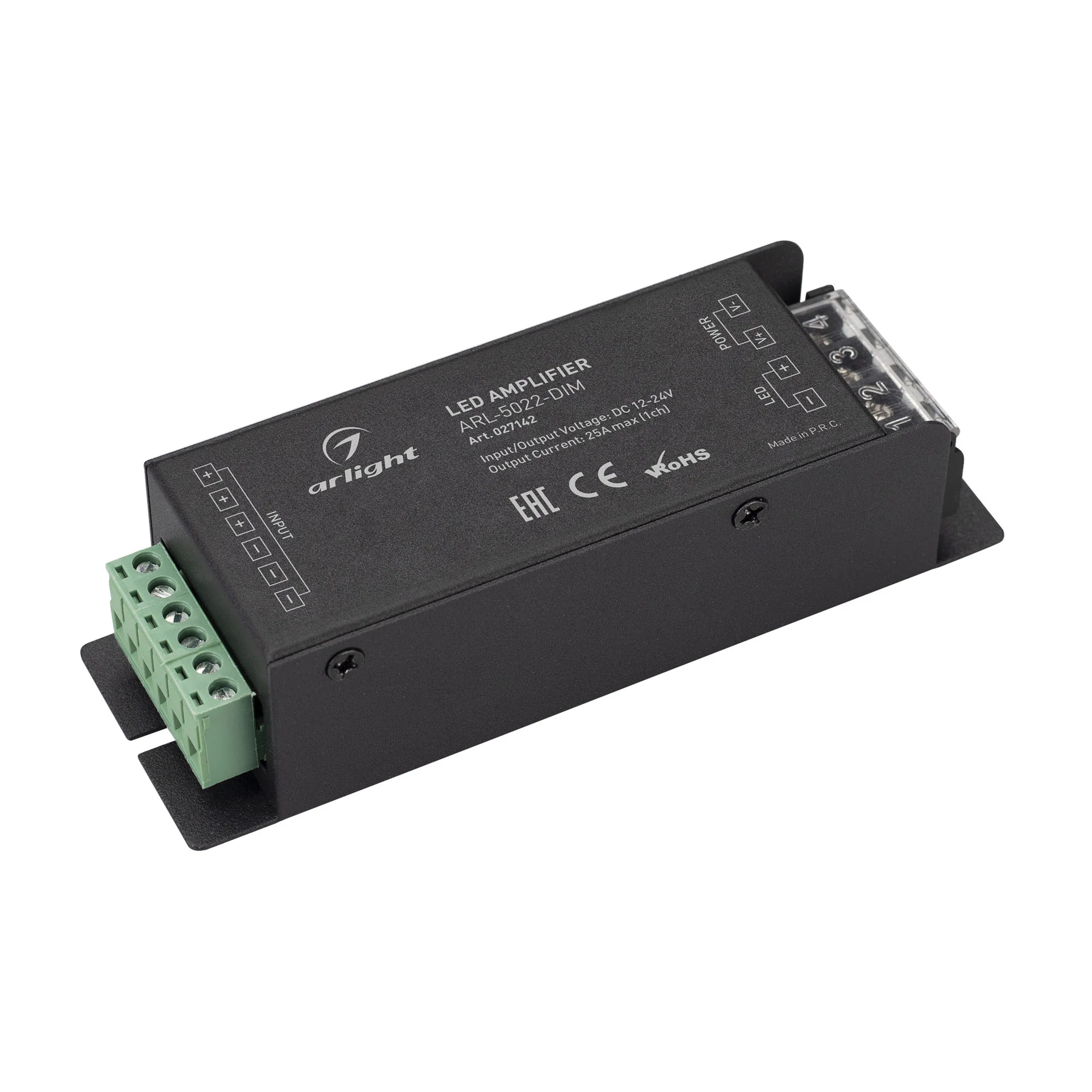 Усилитель ARL-5022-DIM (12-24V, 1x25A, 300-600W) 027142 - Одноканальный DIM усилитель для диммеров (12-24VDC). Питание 12-24VDC. 1 канал, ток нагрузки 1x25A, мощность нагрузки 300-600W. Размер 127х41х32 мм.