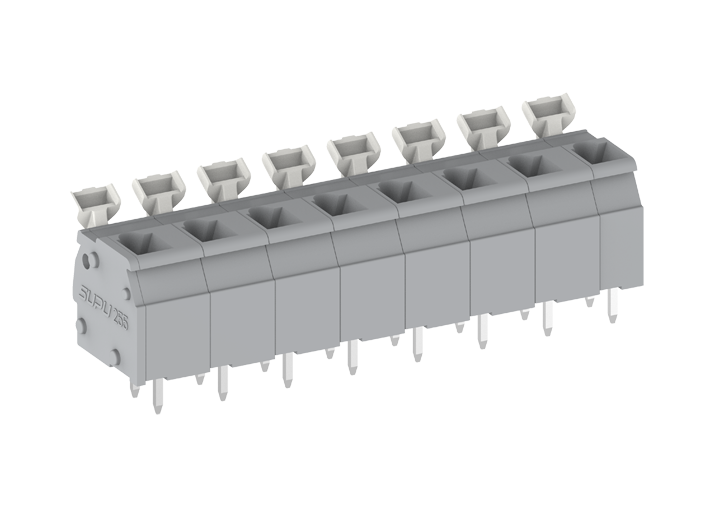 Розеточный разъем на плату 255510 - Клемма, вертикальный подвод кабеля, на плату, шаг: 7.5 мм, 10 полюсов, фиксация провода push-in, исполнение: два вывода на контакт, рычажный зажим, 630V, 24A, цвет: серый