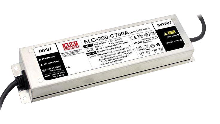 ELG-200-C1750A-3Y - AC-DC, 199.5Вт, IP65, вход 100…305В AC, 47…63Гц/142…431В DC, ККМ, выход 57...114В/1750мА, изоляция 3750В AC, в кожухе 244х71х37.5, -40…+85°С (корпус), потенциометры, с проводом заземления