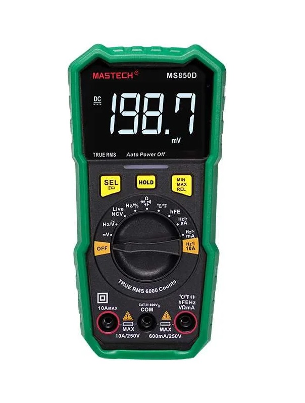 MS850D - Мультиметр цифровой с TrueRMS, тест батареек, NCV, hFE, детектор фаза/ноль, температура, емкость, ток 10А, фонарик