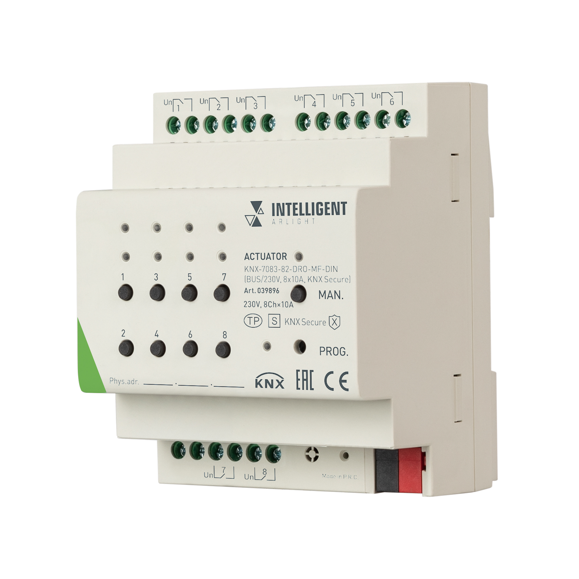 INTELLIGENT ARLIGHT Актуатор KNX-7083-82-DRO-MF-DIN (BUS/230V, 8x10А, KNX Secure) 039896 - Многофункциональный актуатор KNX для нагрузками/шторами/фанкойлами, 8-х канальный. Установка на DIN рейку. Напряжение питания DC 21-30V от шины данных. Максимальный