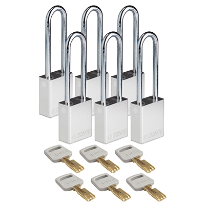 gws150297 - Замки SafeKey алюминиевые со стальной дужкой, высота дужки – 76 мм, диаметр дужки – 6.4 мм, алюминиевый корпус, размеры корпуса – 46х38х19 мм, цвет – серебристый, 6 шт/упак