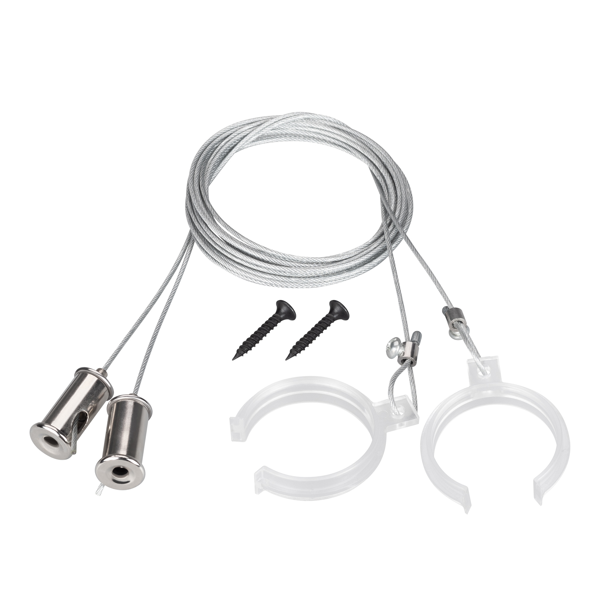 Подвес WPH-FLEX-D40 2x2m Set 047251 - 2м подвес для профилей WPH-FLEX-D40. В комплекте: стальной трос 2м - 2шт, прозрачный пластиковый держатель - 2шт. Максимальная нагрузка на 1 тросик 2 кг. Цена за 1 комплект.