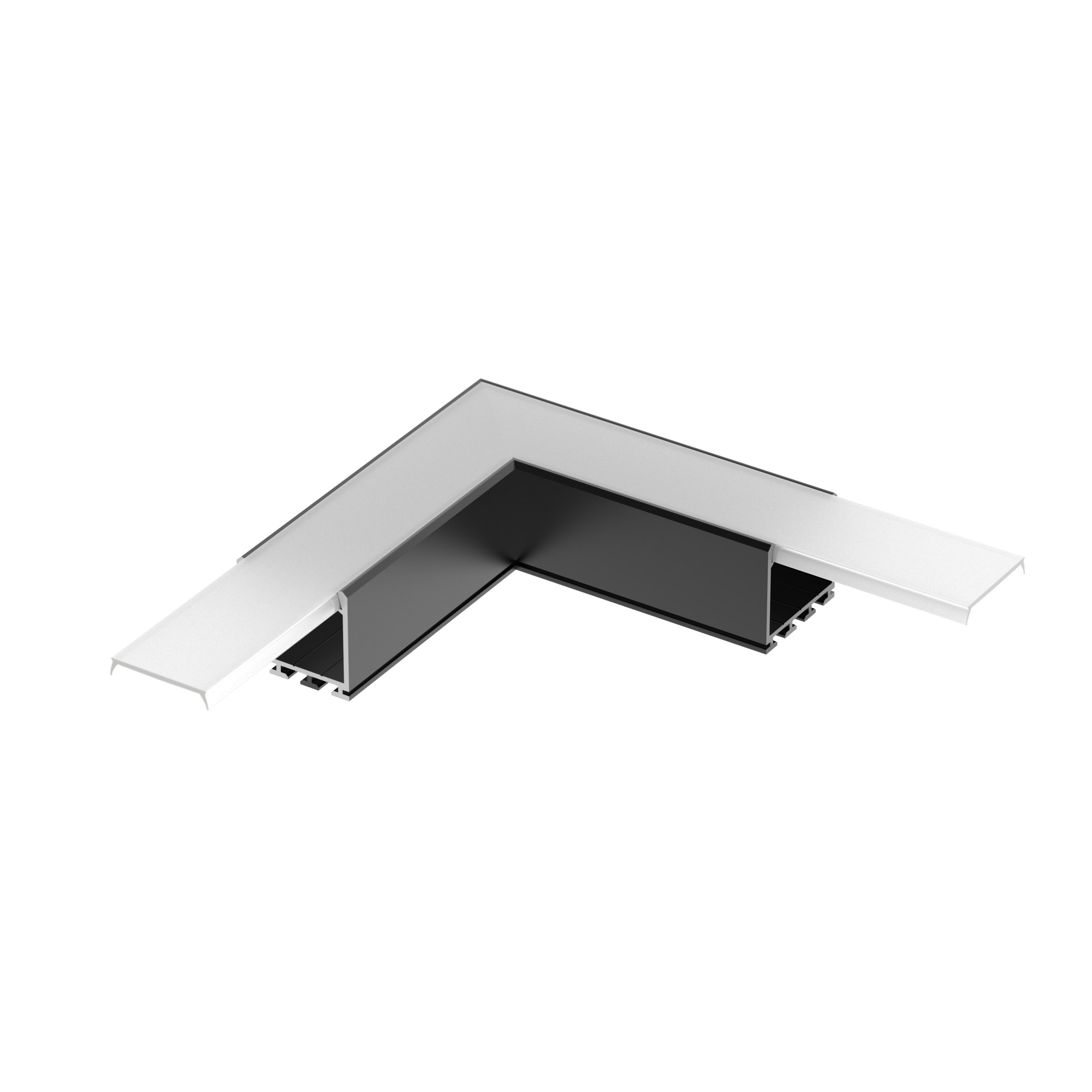 Угол PLS-LOCK-H25-L90 BLACK (с экраном MAT-L) 031268 - Прямой угол в сборе для соединения 2-х профилей PLS-LOCK-H25 BLACK под прямым углом 90°. Анодирование в черный цвет. Экран образует линию на плоскости. В комплекте матовый экран (арт.019189), соединит