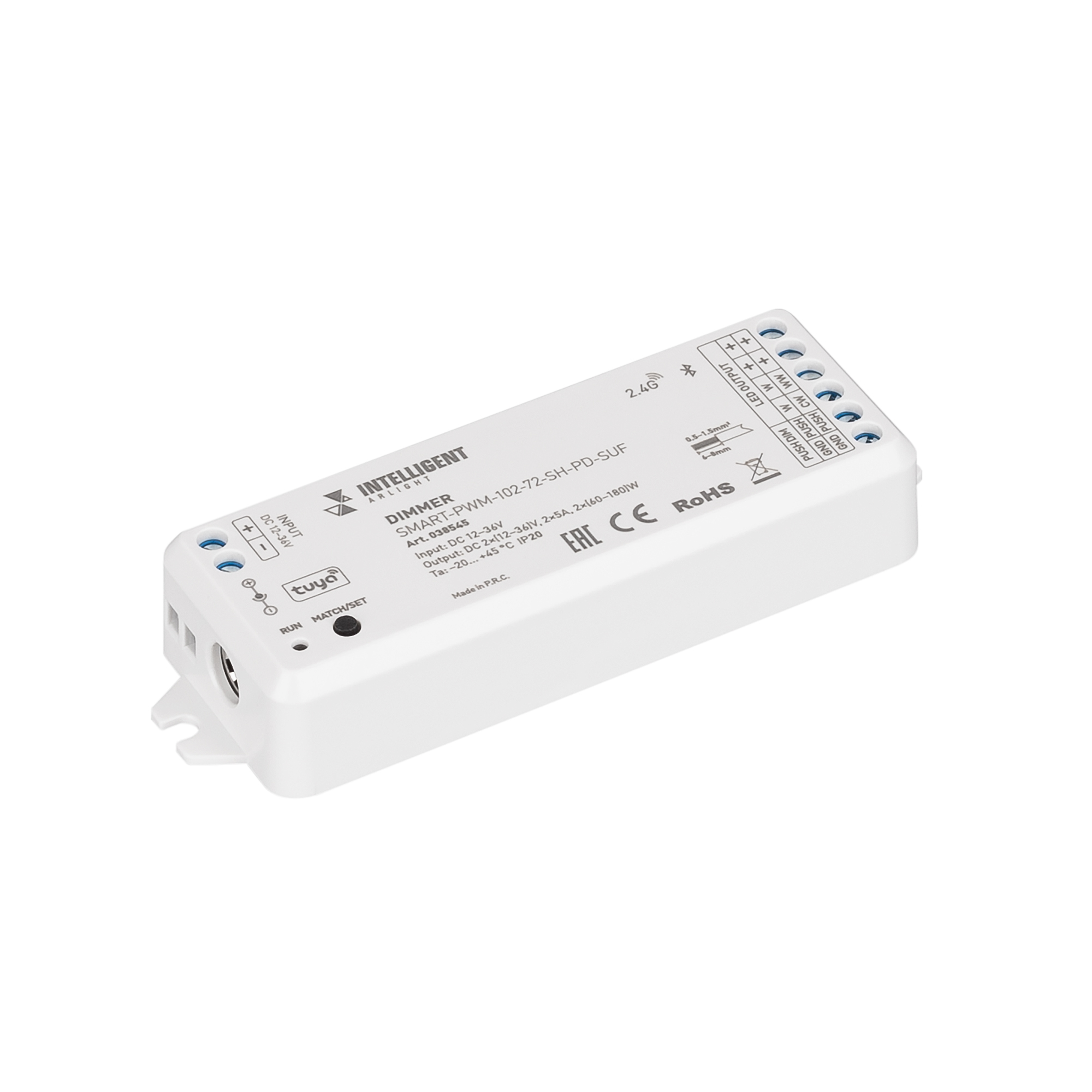INTELLIGENT ARLIGHT Диммер SMART-PWM-102-72-SH-PD-SUF (12-36V, 2x5A, TUYA BLE, 2.4G) 038545 - Многофункциональный 2-канальный контроллер для светодиодных DIM и MIX лент и модулей (ШИМ), управляемый по 2.4G+Bluetooth (SIG MESH), интерфейс TUYA, совместим с