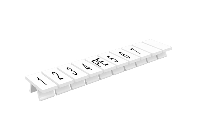 Маркировка  305801/1,2,3,PE,5,6,7 - Маркировочные шильдики для клемм TU/TP/TC, сечением 2,5 мм кв., 10 шильдиков, нанесенные символы: 1,2,3,4,PE,5,6,7, с горизонтальным, расположением, цвет белый
