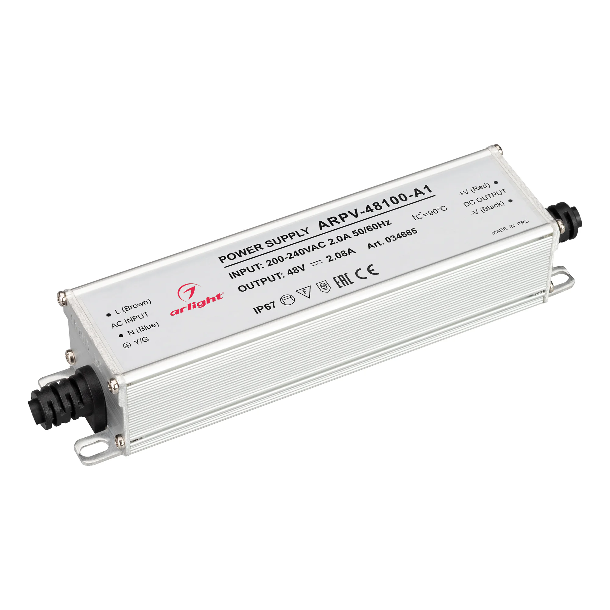Блок питания ARPV-48100-A1 (48V, 2.08A, 100W) 034685 - Источник напряжения с гальванической развязкой для светодиодных изделий. Входное напряжение 200-240 VAC. Выходные параметры: 48 В, 2,08 А, 100 Вт. Встроенный PFC >0,5. Герметичный алюминиевый корпус I