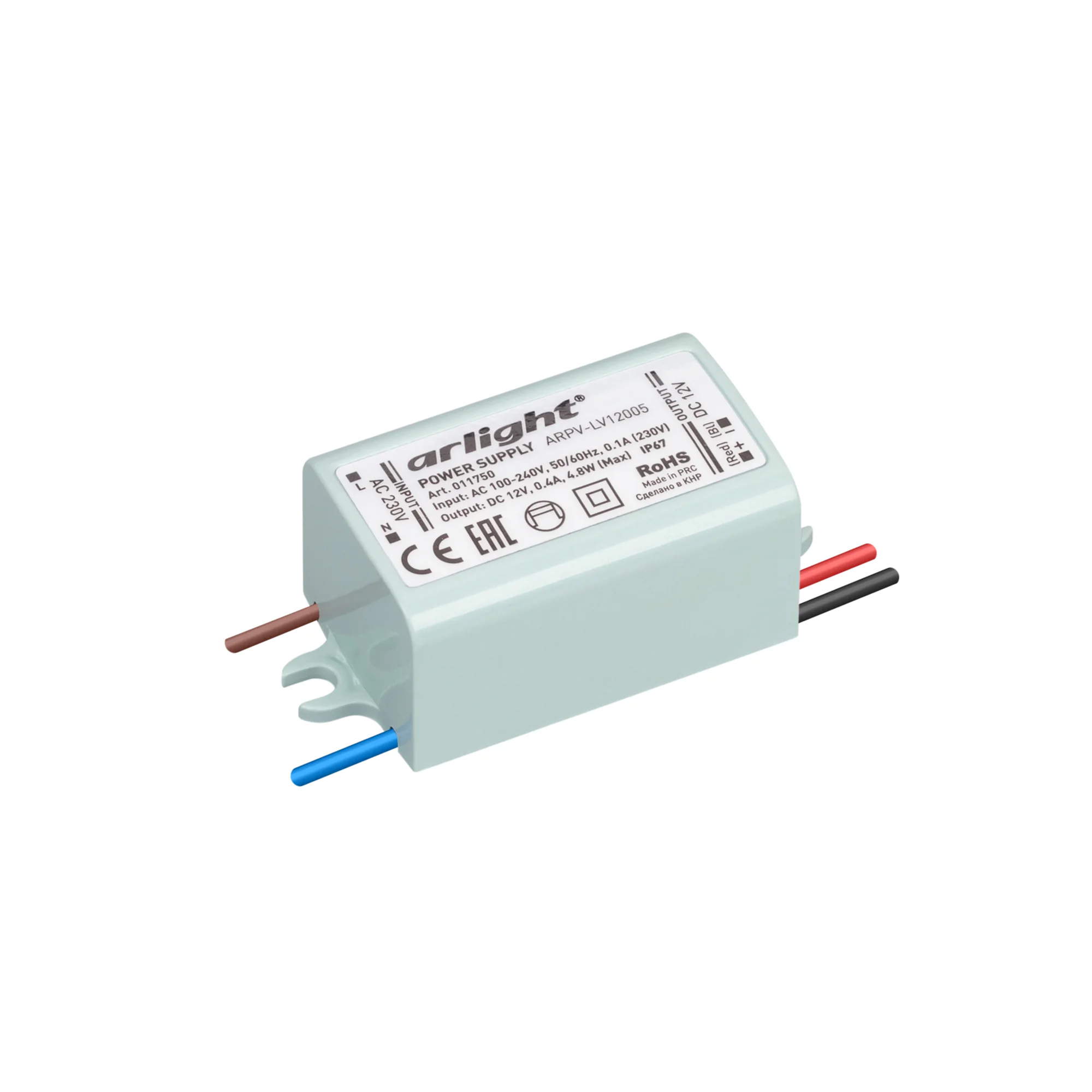 Блок питания ARPV-LV12005 (12V, 0.4A, 5W) 011750 - Источник напряжения с гальванической развязкой для светодиодных изделий. Входное напряжение 100-240 VAC. Выходные параметры: 12 В, 0,4 А, 4,8 Вт. Встроенный PFC >0,5. Герметичный пластиковый корпус IP 67.