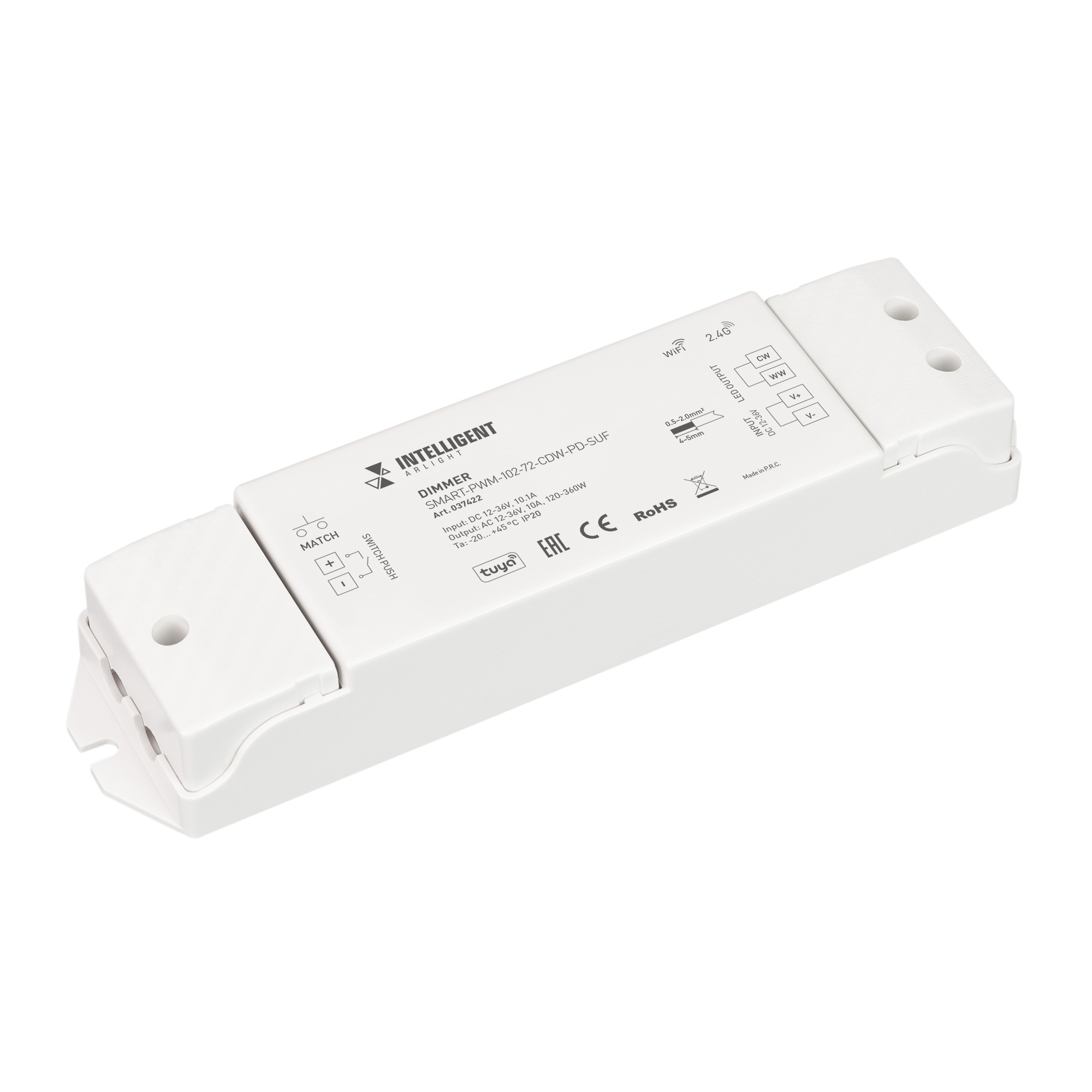INTELLIGENT ARLIGHT Диммер SMART-PWM-102-72-CDW-PD-SUF (12-36V, 2x5A, TUYA Wi-Fi, 2.4G) 037422 - 2-канальный контроллер для светодиодных CDW лент, интерфейс TUYA (Wi-Fi), поддерживается управление ЯНДЕКС АЛИСА. Питание/рабочее напряжение 12-36VDC, максима