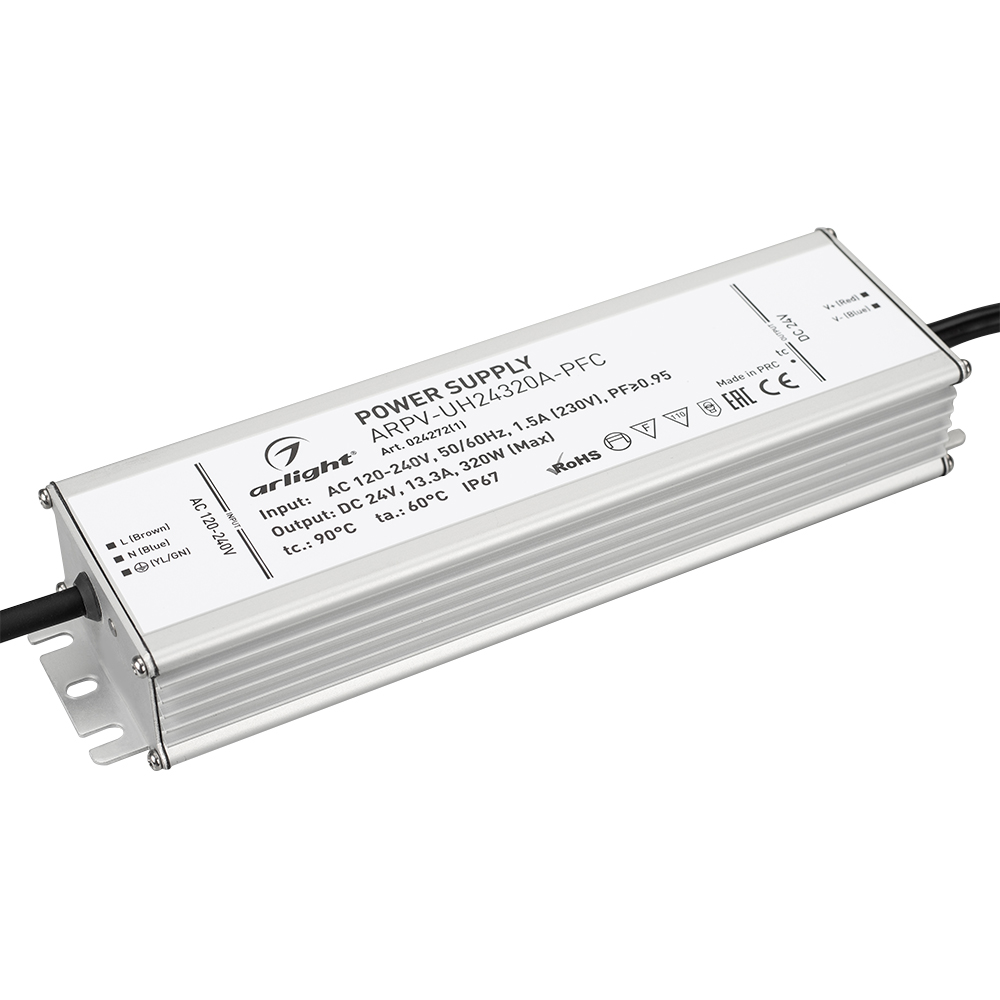 Блок питания ARPV-UH24320A-PFC (24V, 13.3A, 320W) 024272(1) - Источник напряжения с гальванической развязкой для светодиодных изделий. Входное напряжение 120-240 VAC. Выходные параметры: 24 В, 13,3 А, 320 Вт. Встроенный PFC >0,95. Герметичный алюминиевый 