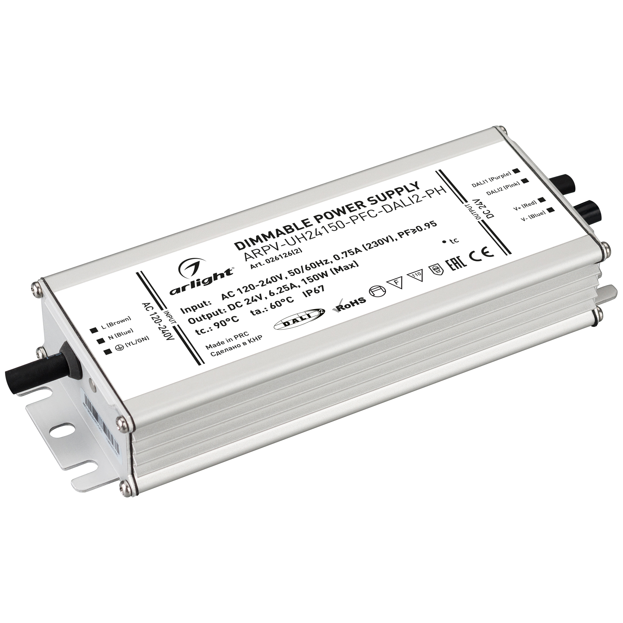 Блок питания ARPV-UH24150-PFC-DALI2-PH (24V, 6.3A, 150W) 026126(2) - Диммируемый источник напряжения по протоколу DALI2.0 с гальванической развязкой для светодиодных изделий. Входное напряжение 120-240 VAC. Выходные параметры: 24 В, 6.3А, 150 Вт. Встроенн
