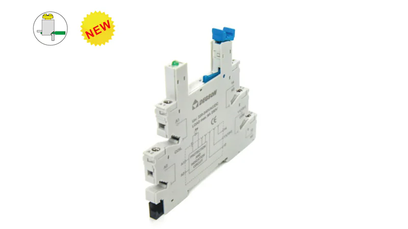 Колодка для реле DPSF05B-E1 - Колодка для реле DRPS-1C-D60, 6A, 250V, фиксация провода: зажимная клетка, с защитой от прикосновения, пластик, цвет: серый монтаж на DIN рейку