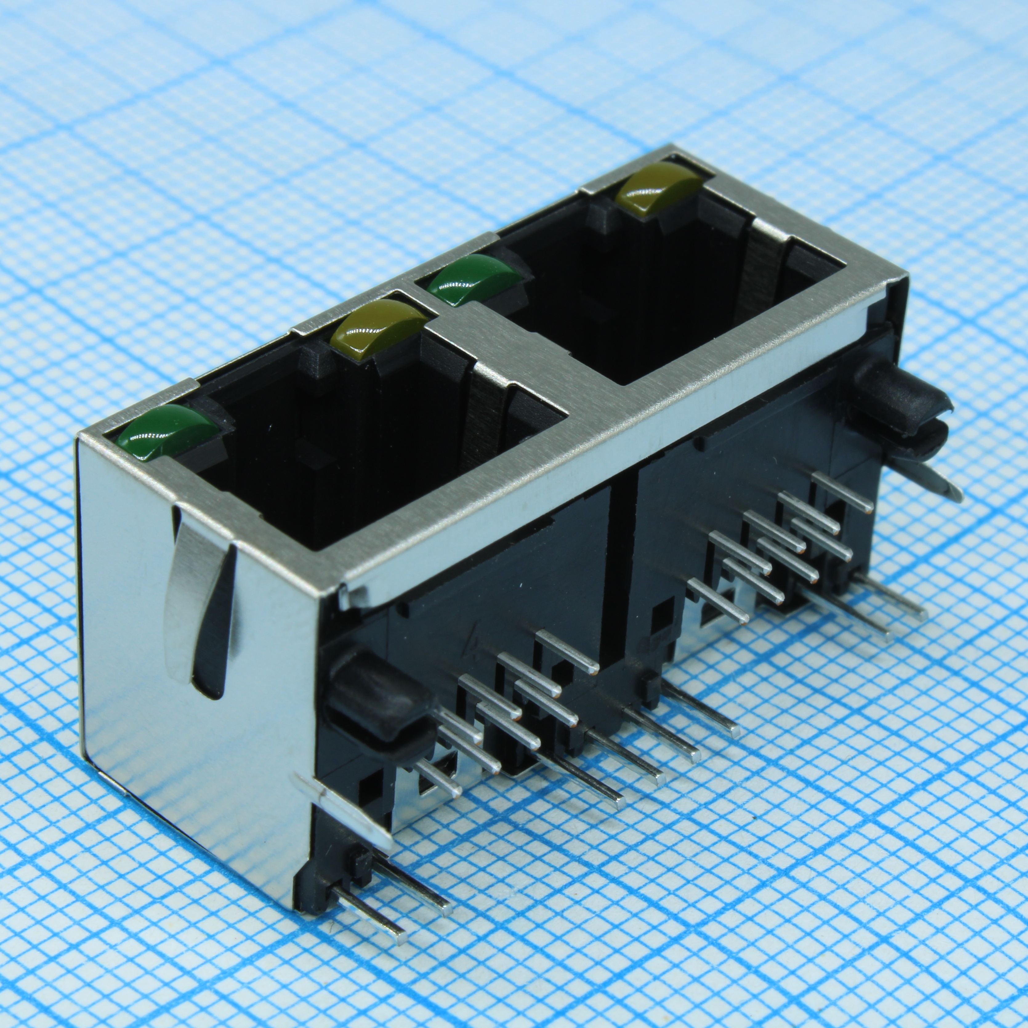 RJHSE-5384-02 - Разъем RJ-45 розетка 16 контактов шаг 1.02мм угловой монтаж в отверстие 24 терминала 2 порта