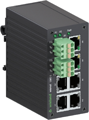 Коммутатор WIENET UMS 6 - Коммутатор серии WieNet, неуправляемый, 6 портов RJ45 скорость передачи 10/100 MBit/s, номинальное напряжение: 9-30 VDC, монтаж: на DIN рейку, материал корпуса: алюминий
