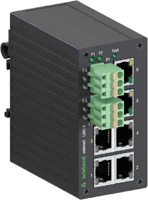 Коммутатор WIENET UMS 6 - Коммутатор серии WieNet, неуправляемый, 6 портов RJ45 скорость передачи 10/100 MBit/s, номинальное напряжение: 9-30 VDC, монтаж: на DIN рейку, материал корпуса: алюминий