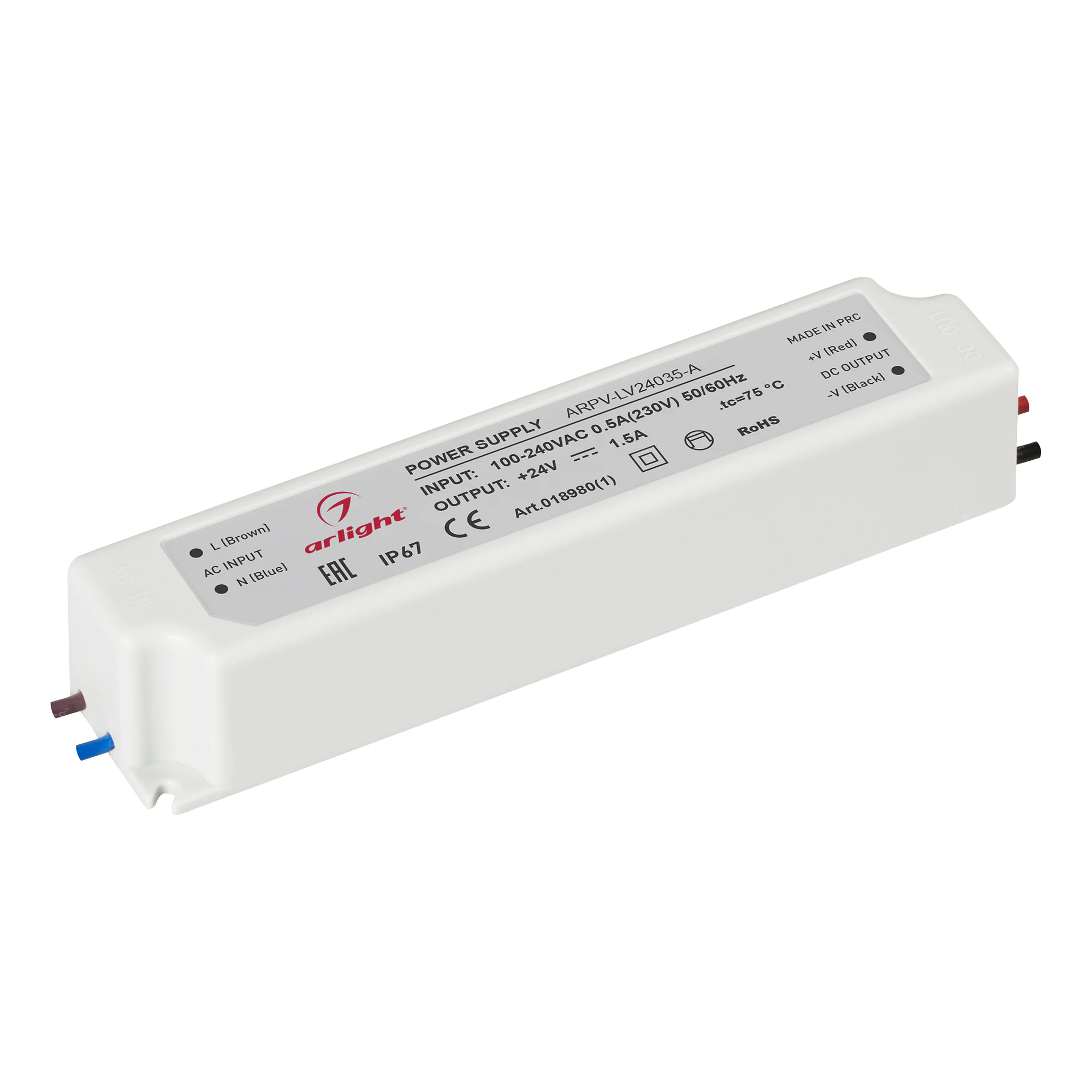 Блок питания ARPV-LV24035-A (24V, 1.5A, 35W) 018980(1) - Источник напряжения с гальванической развязкой для светодиодных изделий. Входное напряжение 100 - 240 VAC. Выходные параметры: 24 В, 1,46 А, 35 Вт. Встроенный PFC >0,5. Герметичный пластиковый корпу