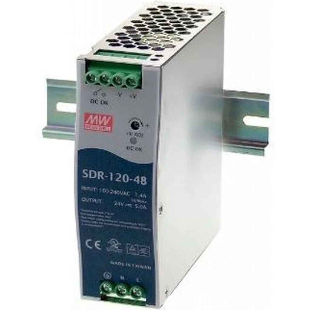 SDR-120-48 - Преобразователь AC-DC на DIN-рейку  120Вт, выход 48В/2.5A (пиковый 3,75А), рег.вых=48...55В, вход 88…264VAC, 47…63Гц / 127…370VDC, изоляция 3000V AC, в кожухе : 40х125.2х114мм, -25…+70°С