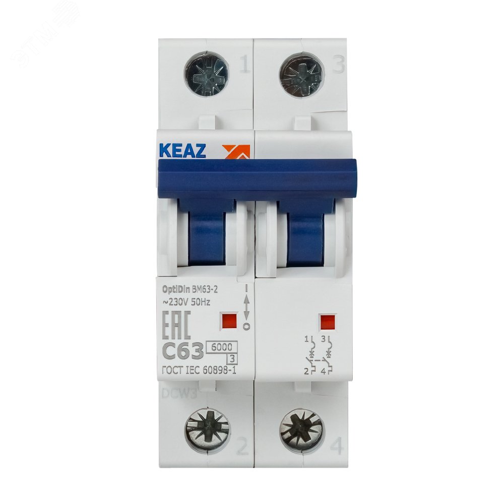 Выключатель автоматический модульный 2п C 63А 6кА OptiDin BM63-2C63-УХЛ3 КЭАЗ 260610