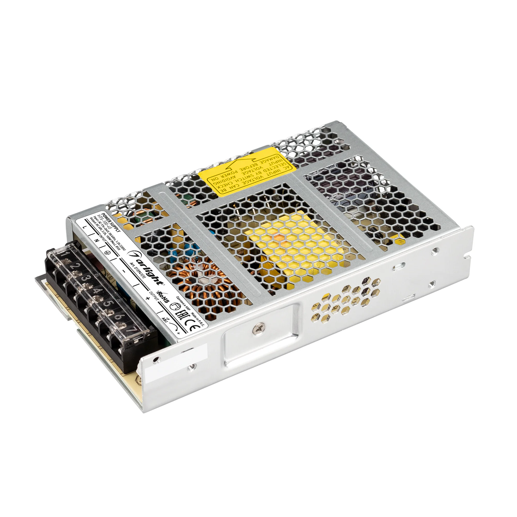 Блок питания HTS-100-48 (48V, 2.2A, 100W) 015941(1) - Источник напряжения с гальванической развязкой для светодиодных изделий. Входное напряжение 90-264 VAC. Выходные параметры: 48 В, 2,2 А, 100 Вт. Встроенный PFC >0,5. Негерметичный алюминиевый сетчатый 