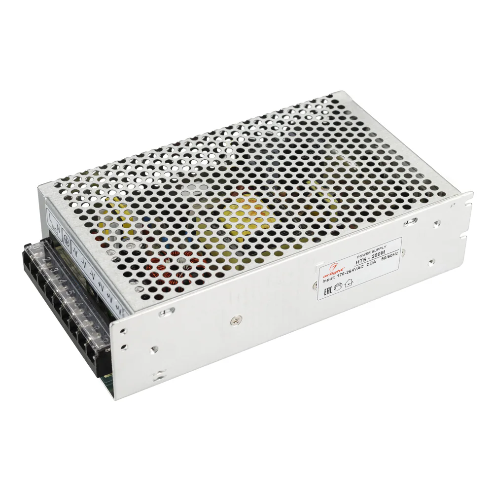 Блок питания HTS-250M-24 (24V, 10.5A, 250W) 020820 - Источник напряжения с гальванической развязкой для светодиодных изделий. Входное напряжение 176-264 VAC. Выходные параметры: 24 В, 10,5 А, 250 Вт. Встроенный PFC >0,5. Негерметичный алюминиевый сетчатый