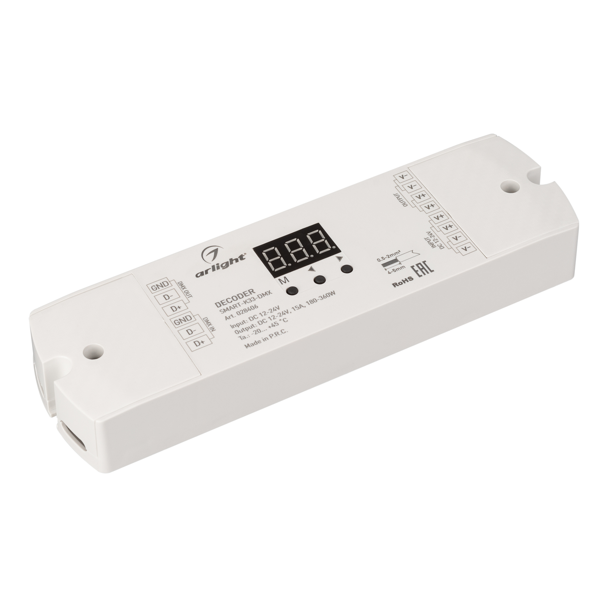 Декодер SMART-K33-DMX (12-24V, 1x15A) 028406 - Декодер DMX512 для трансляции DMX512 сигнала ШИМ(PWM) устройствам. Питание 12-24VDC. 1 канал, ток нагрузки 1x15A, мощность нагрузки 180-360W. Входной сигнал DMX512, выходной сигнал ШИМ(PWM). Цифровой дисплей 