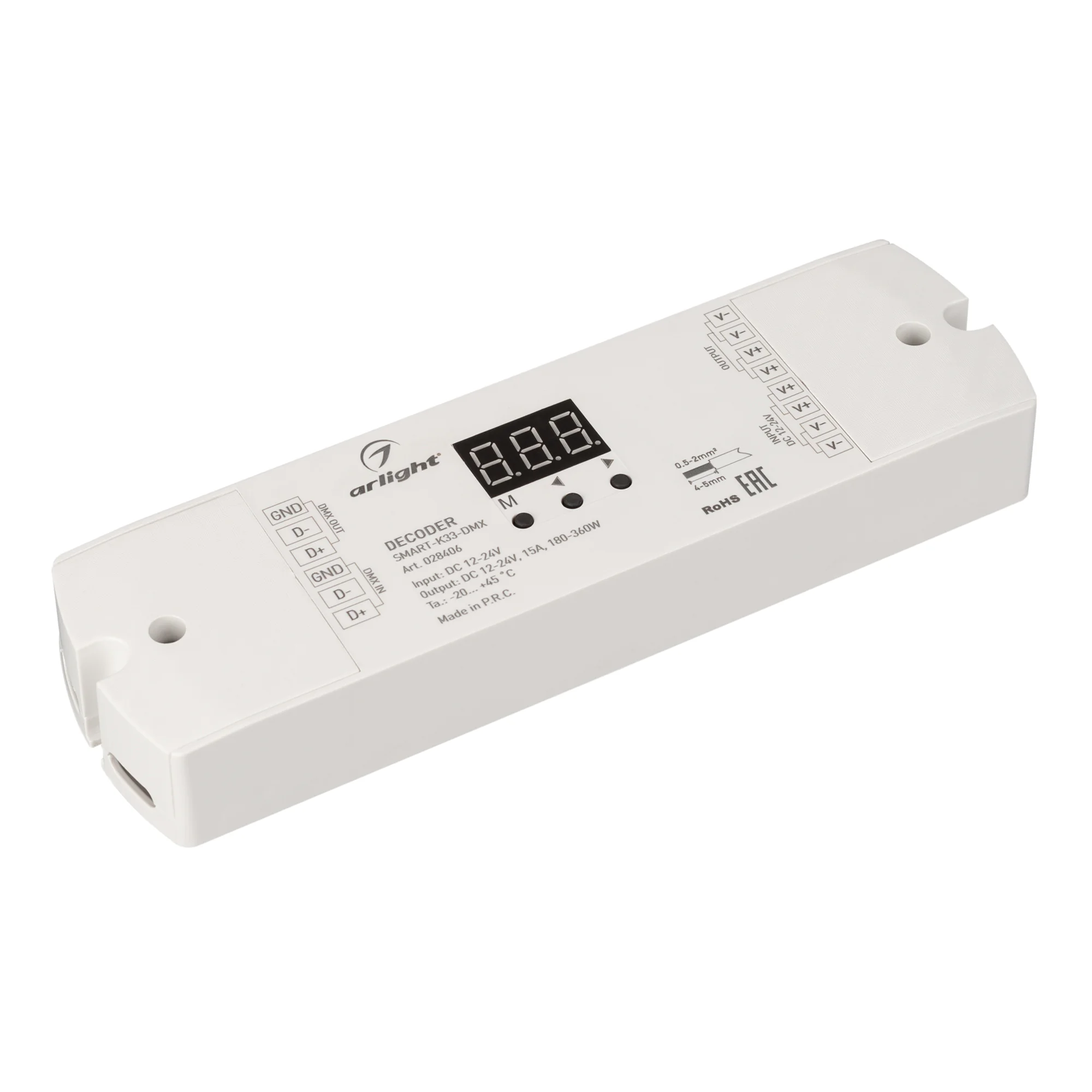 Декодер SMART-K33-DMX (12-24V, 1x15A) 028406 - Декодер DMX512 для трансляции DMX512 сигнала ШИМ(PWM) устройствам. Питание 12-24VDC. 1 канал, ток нагрузки 1x15A, мощность нагрузки 180-360W. Входной сигнал DMX512, выходной сигнал ШИМ(PWM). Цифровой дисплей 
