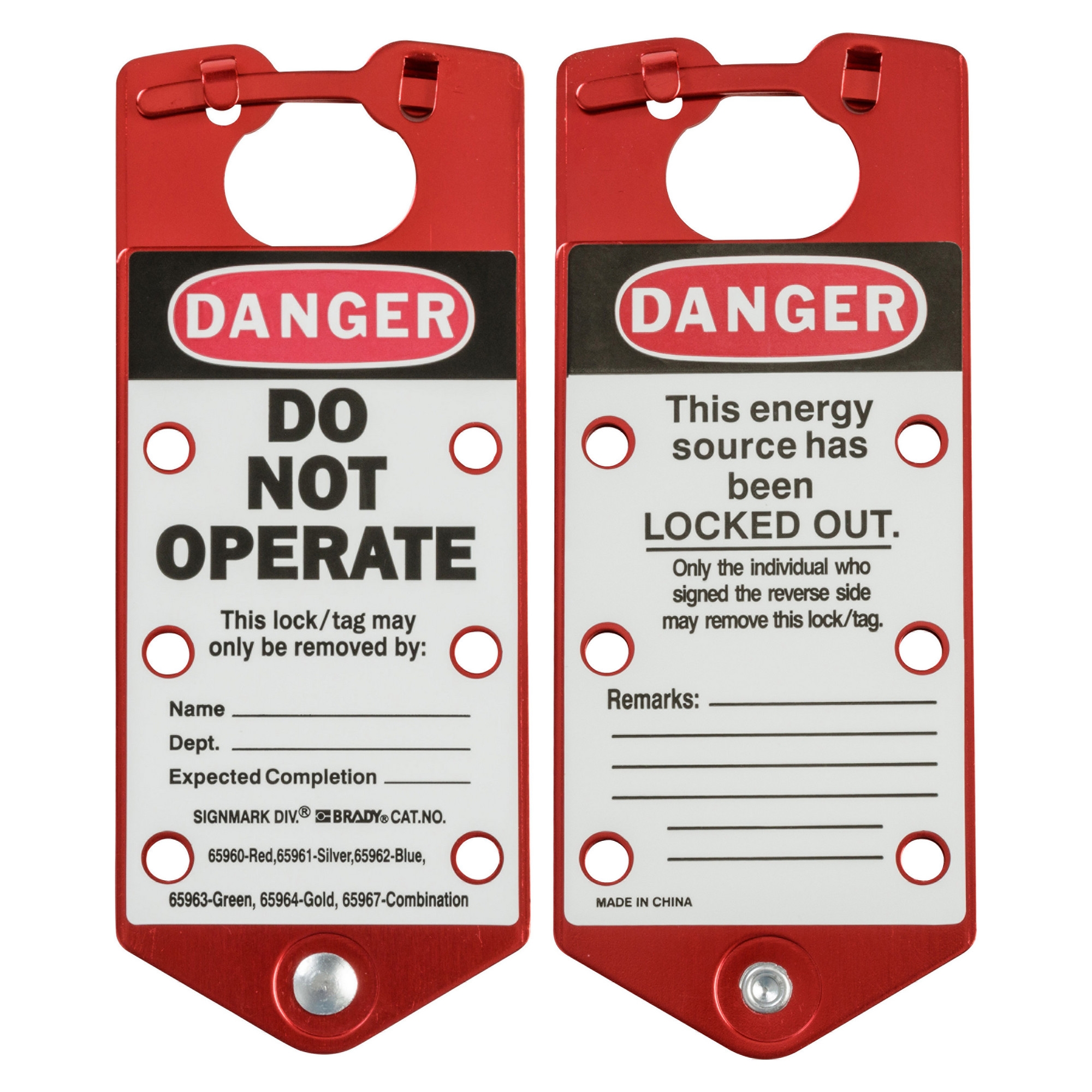 gws65960 - Множители замковые алюминиевые с этикетками «DANGER DO NOT OPERATE», «This energy source has been locked out», 191х76х4 мм, цвет – красный, 5шт/упак