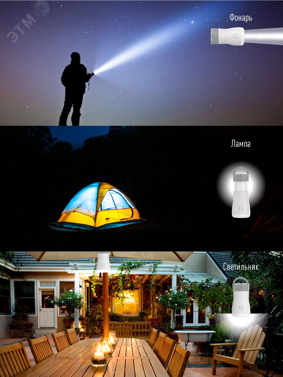 Фонарь-светильник аккумуляторный 3Вт + режим кемпинг 5Вт литиевый аккум. 3.7В 1.2А.ч KOCAc6017LED