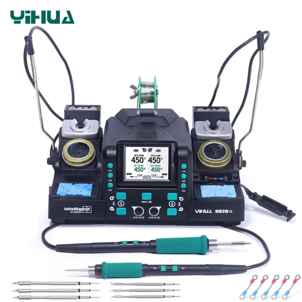 YIHUA982D-II 210+245 - Двухканальная паяльная станция с двумя паяльниками с общей мощностью 240Вт. Паяльник 716D с жалом C210 / паяльник 616D с жалом C245 в комплекте  дополнительные жала. Наклонный дисплей, цифровая калибровка температуры