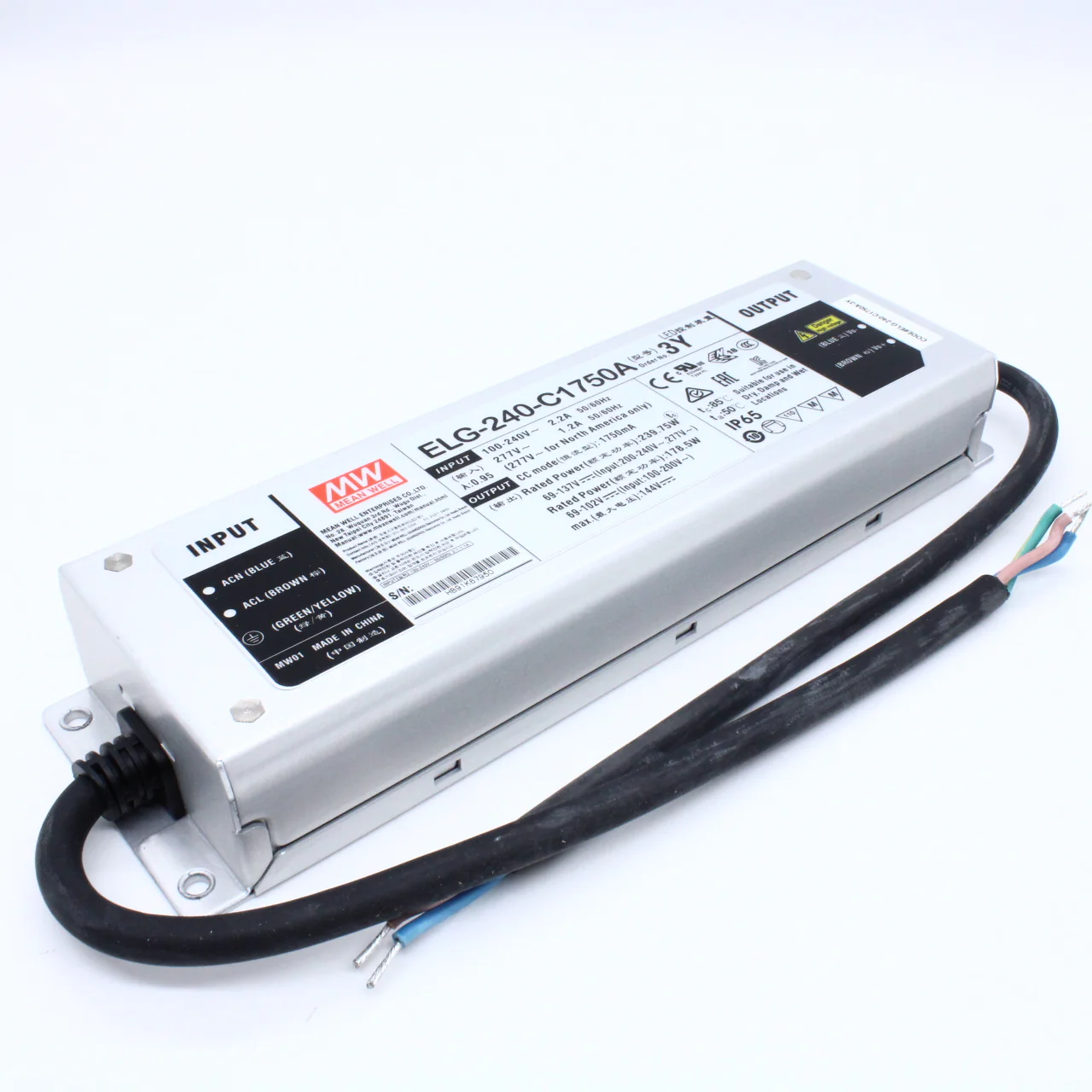 ELG-240-C1750A-3Y - AC-DC, 239.8Вт, IP65, вход 100…305В AC, 47…63Гц/142…431В DC, ККМ, выход 69…137В/1750мА, рег. напряжения/тока, изоляция 3750В AC, в кожухе 244х71х37.5, -40…+70°С, с проводом заземления