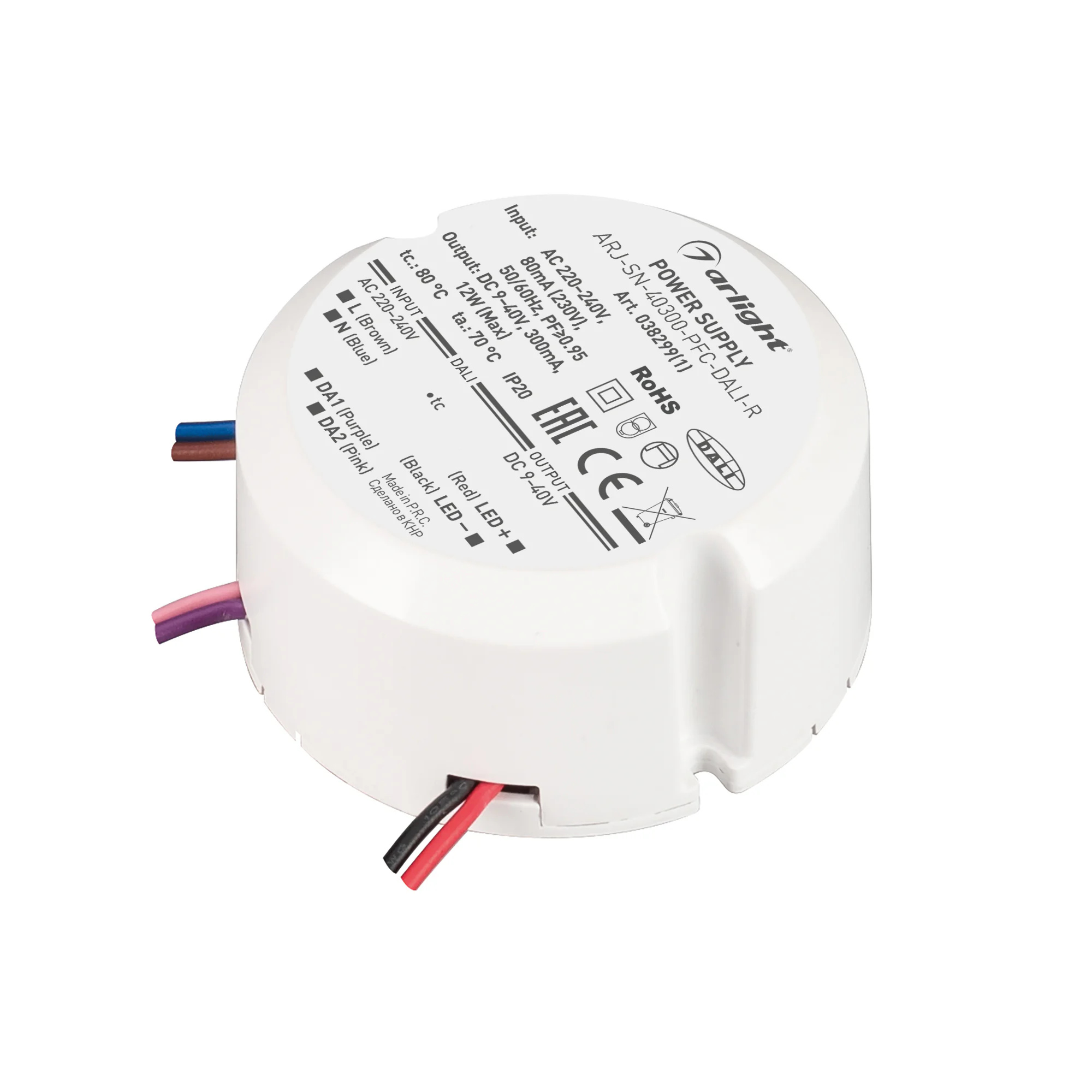 Блок питания ARJ-SN-40300-PFC-DALI-R (12W, 9-40V, 0.3A) 038299(1) - Диммируемый источник тока по протоколу DALI с гальванической развязкой для светильников и мощных светодиодов. Входное напряжение 220-240 VAC. Выходные параметры: 9-40В (300мА), максимальн